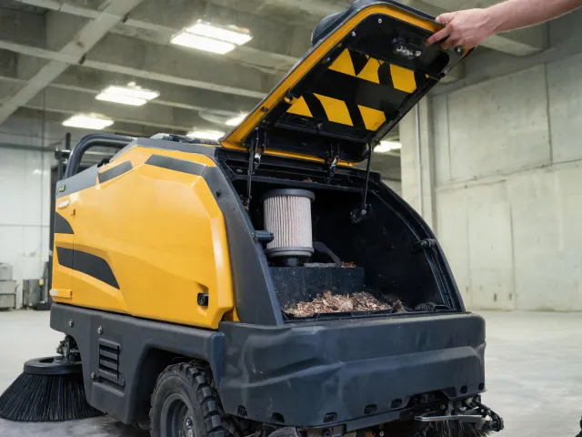 Industrial sweeper hopper and dust filter check