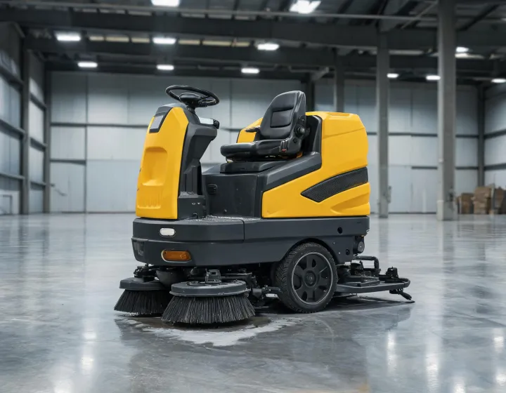 Factory Cat ride-on scrubber cleaning a warehouse floor