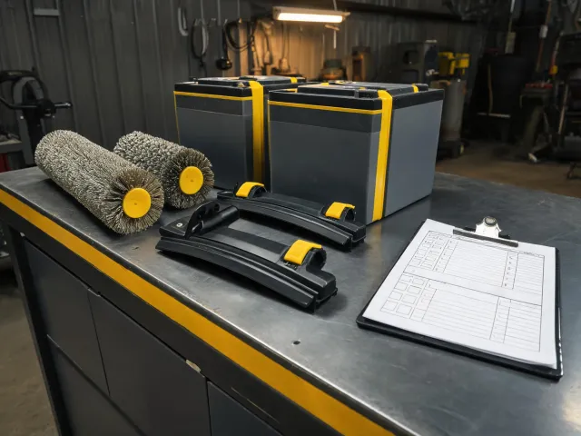 Scrubber service parts and squeegee inspection bench