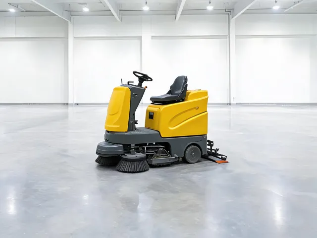 Ride-on floor scrubber for warehouse floors